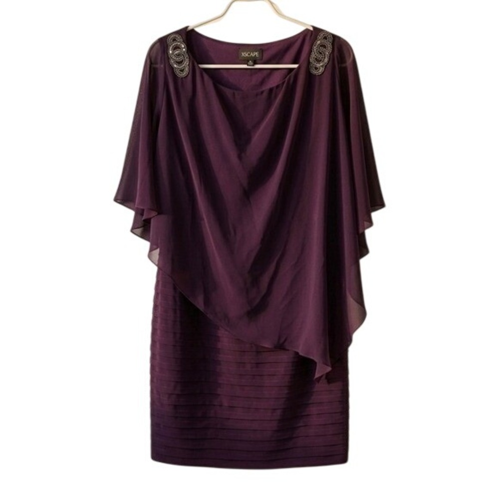 Xscape Dress Plum Beaded Shoulder Chiffon‎ Overlay Tiered Cocktail Plus 22W